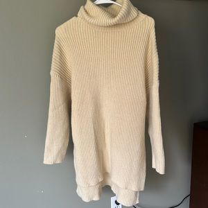 Cream Cowel Neck Ribbed Long Sleeve Sweater Dress